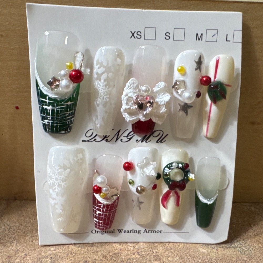 Christmas 3D Press On Nails Holiday White Green Red Bow Snowflake Size L